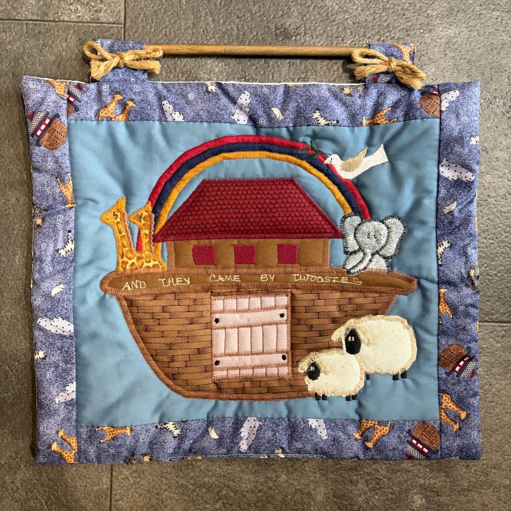 Handmade Noahs Ark Quilted Wall Hanging Embroidery Applique Nursery Art 12x12in
